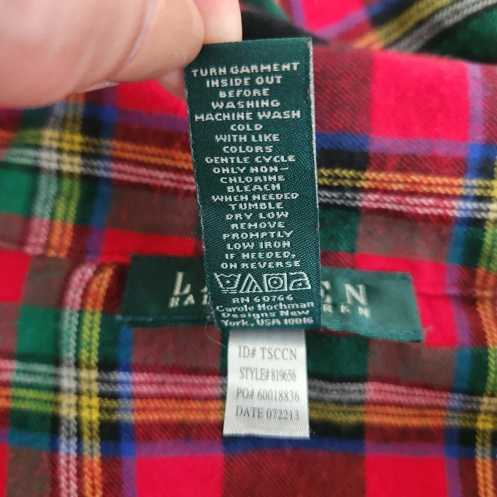 Lauren Ralph Lauren Womens Red Tartan Plaid Cotton Flannel Pajama Top size Large
